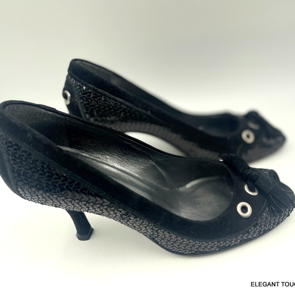 Stuart Weitzman Black Suede Sequined Pumps 6 M Peep Toe Tasseled Stiletto Heels